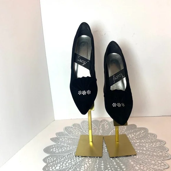Vintage Tavoy Blk Velvet Rhinestone Pleated Fan Pointed Toe Stiletto Pumps Heel - Picture 7 of 10